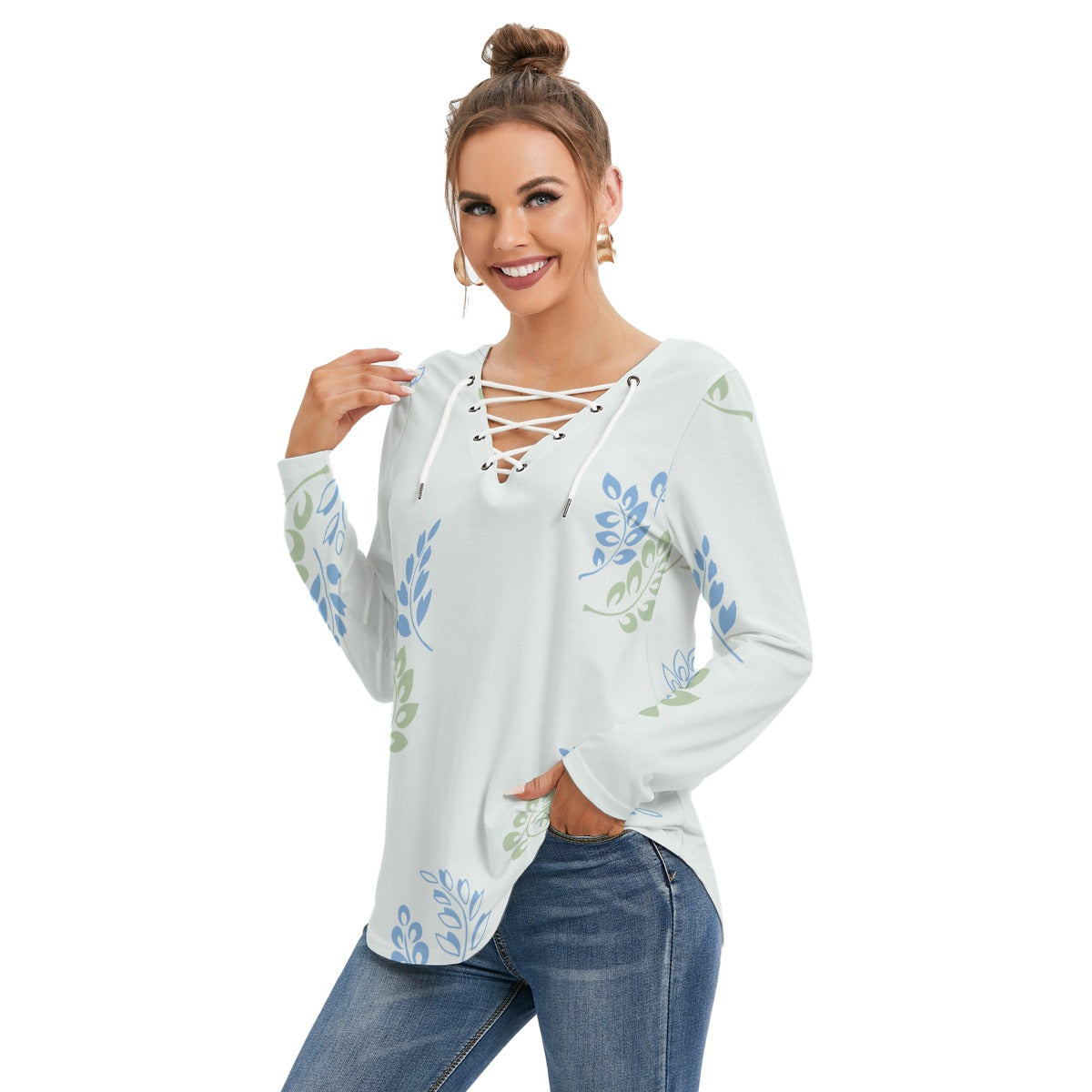 Women's All Over Print Lace Front Long Sleeve Blouse