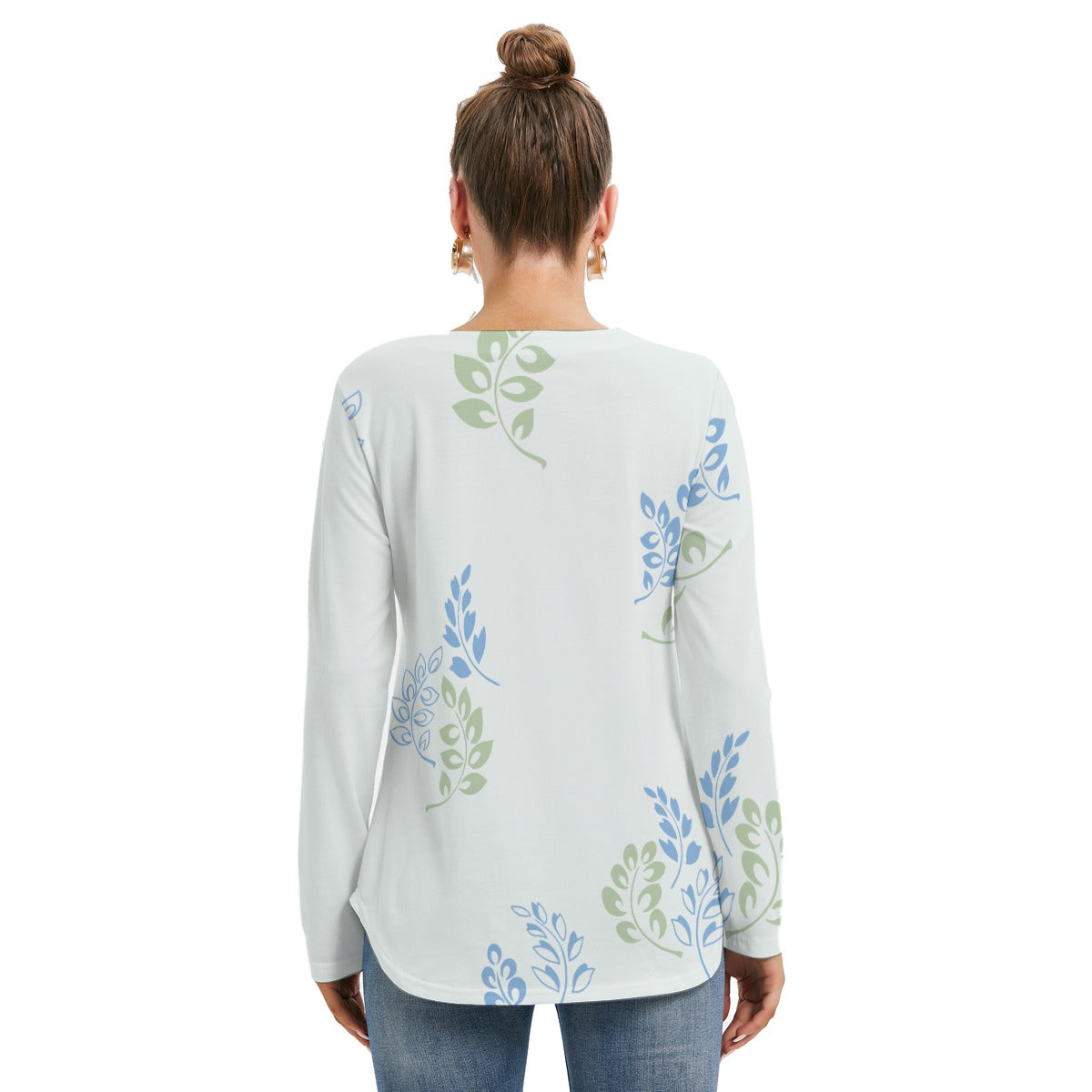 Women's All Over Print Lace Front Long Sleeve Blouse